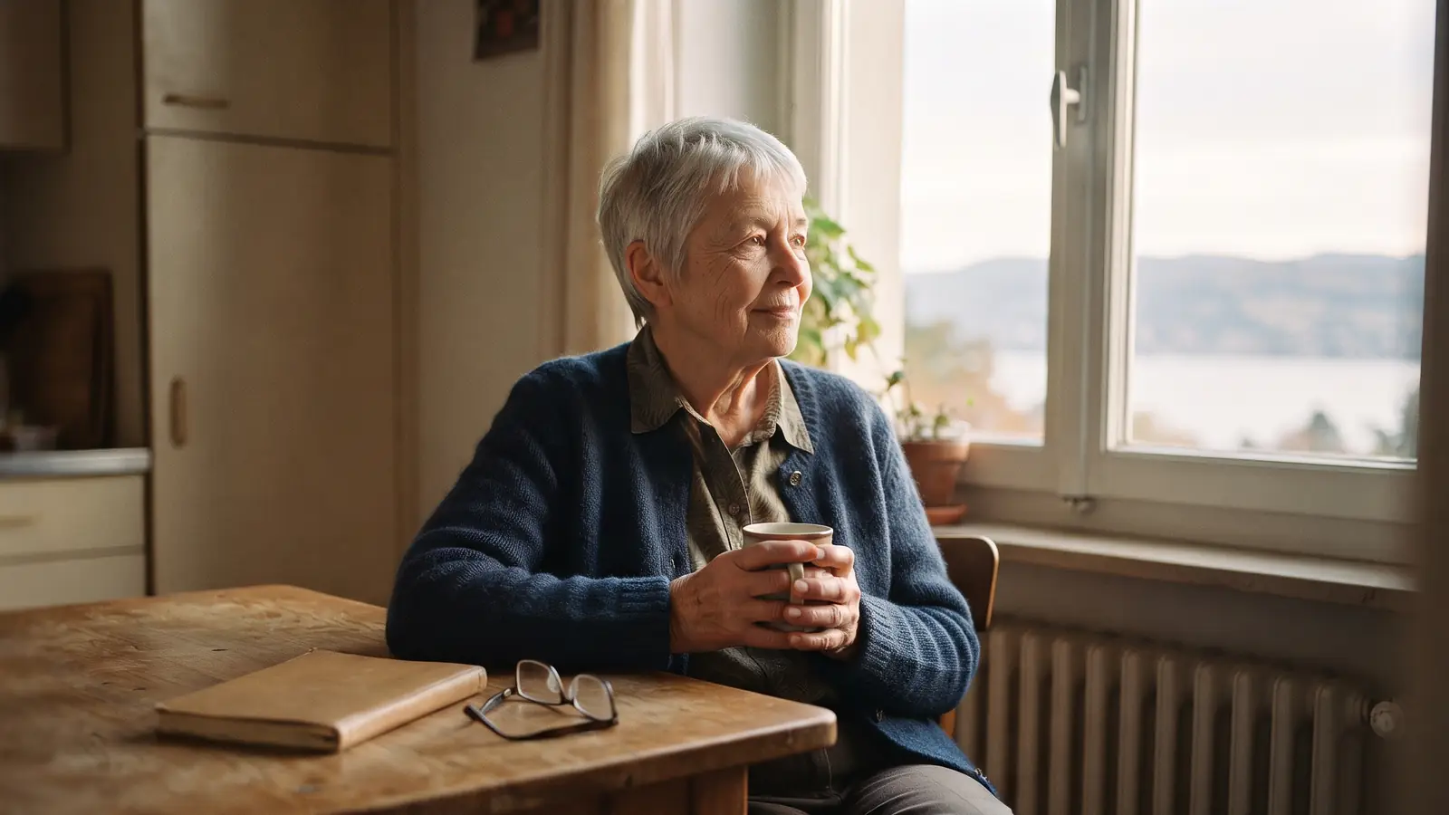 Une femme d'environ septante ans, une tasse à la main, regarde par la fenêtre de sa cuisine vers le lac Léman.