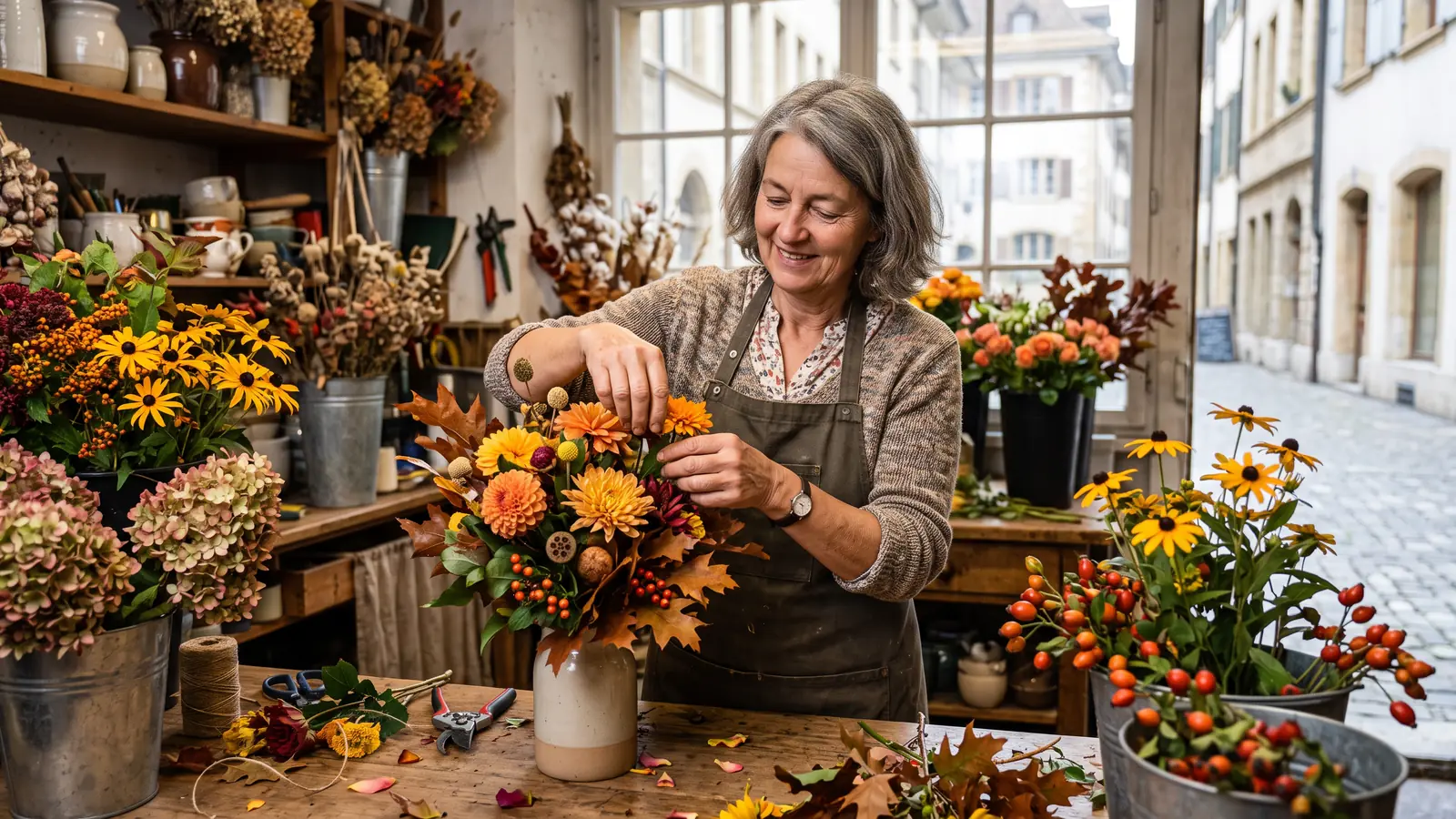Une femme d'une soixantaine d'années compose un bouquet de fleurs d'automne dans un petit atelier de fleuriste.