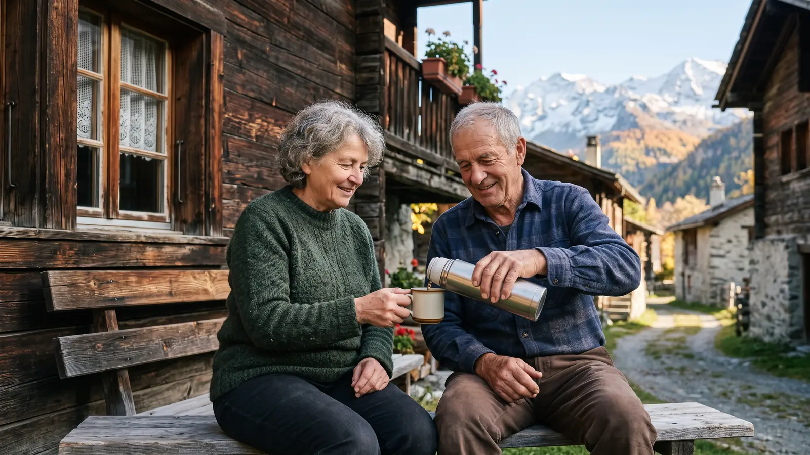 Un couple d'une septantaine d'années partage un thé sur un banc devant un chalet valaisan.