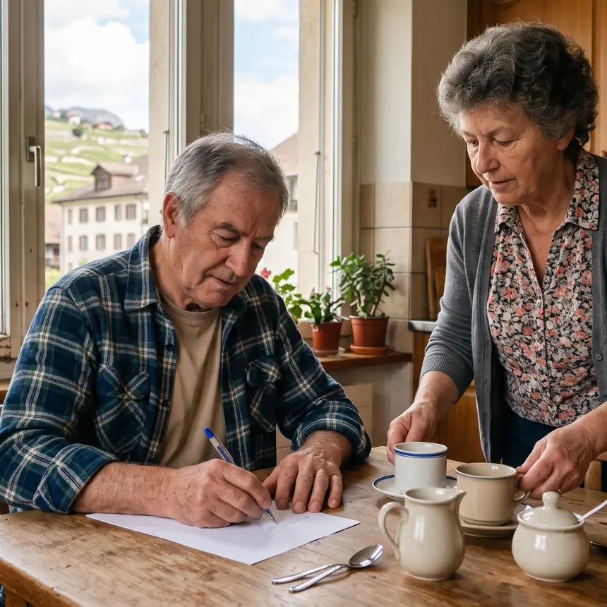 Un couple d'une septantaine d'années à la table de la cuisine ; l'homme écrit, la femme apporte deux cafés, des vignes derrière la fenêtre.