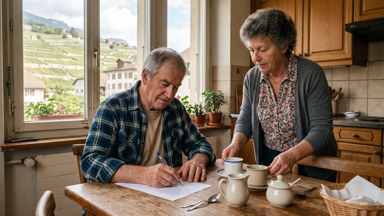 Un couple d'une septantaine d'années à la table de la cuisine ; l'homme écrit, la femme apporte deux cafés, des vignes derrière la fenêtre.