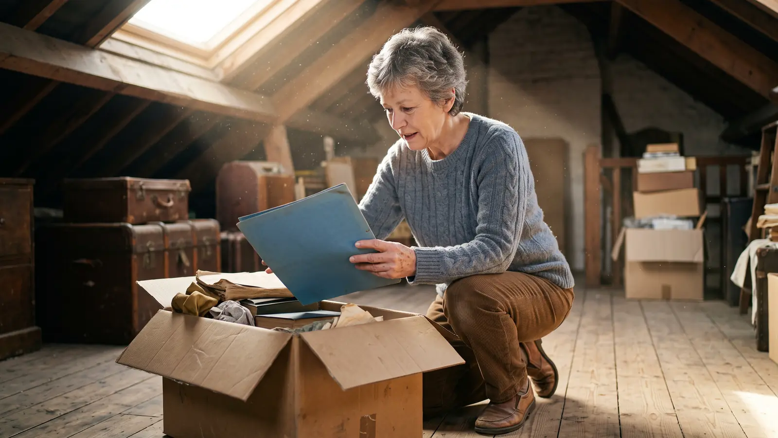 Une femme d'une soixantaine d'années ouvre un carton de vieux objets dans un grenier lumineux et en sort une chemise bleue.