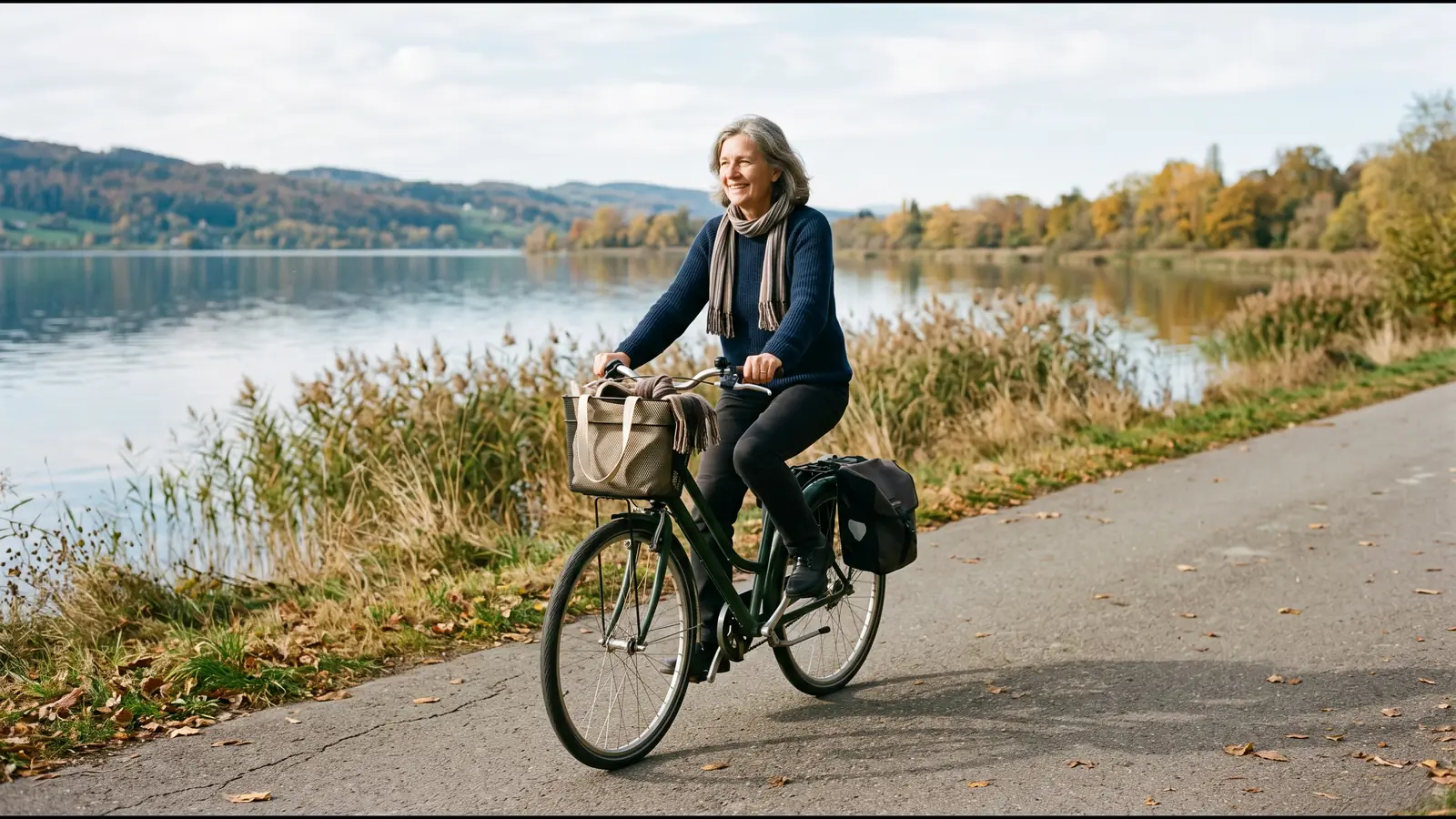 Une femme d'une soixantaine d'années roule à vélo sur une route tranquille au bord du lac de Neuchâtel.