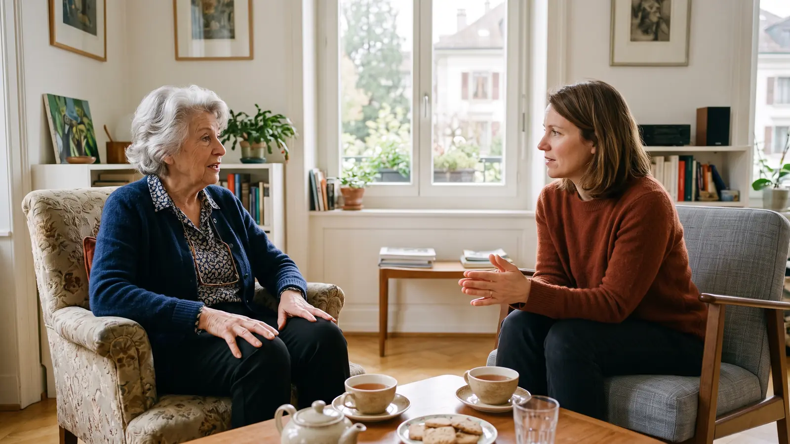 Une femme âgée discute avec une conseillère dans un salon lumineux, une tasse de thé posée sur la table basse.