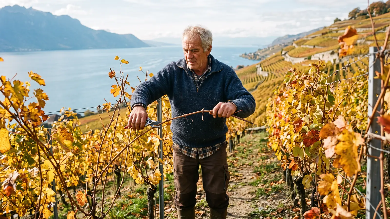 Un homme d'une soixantaine d'années taille la vigne sur une terrasse de Lavaux, le lac en contrebas.