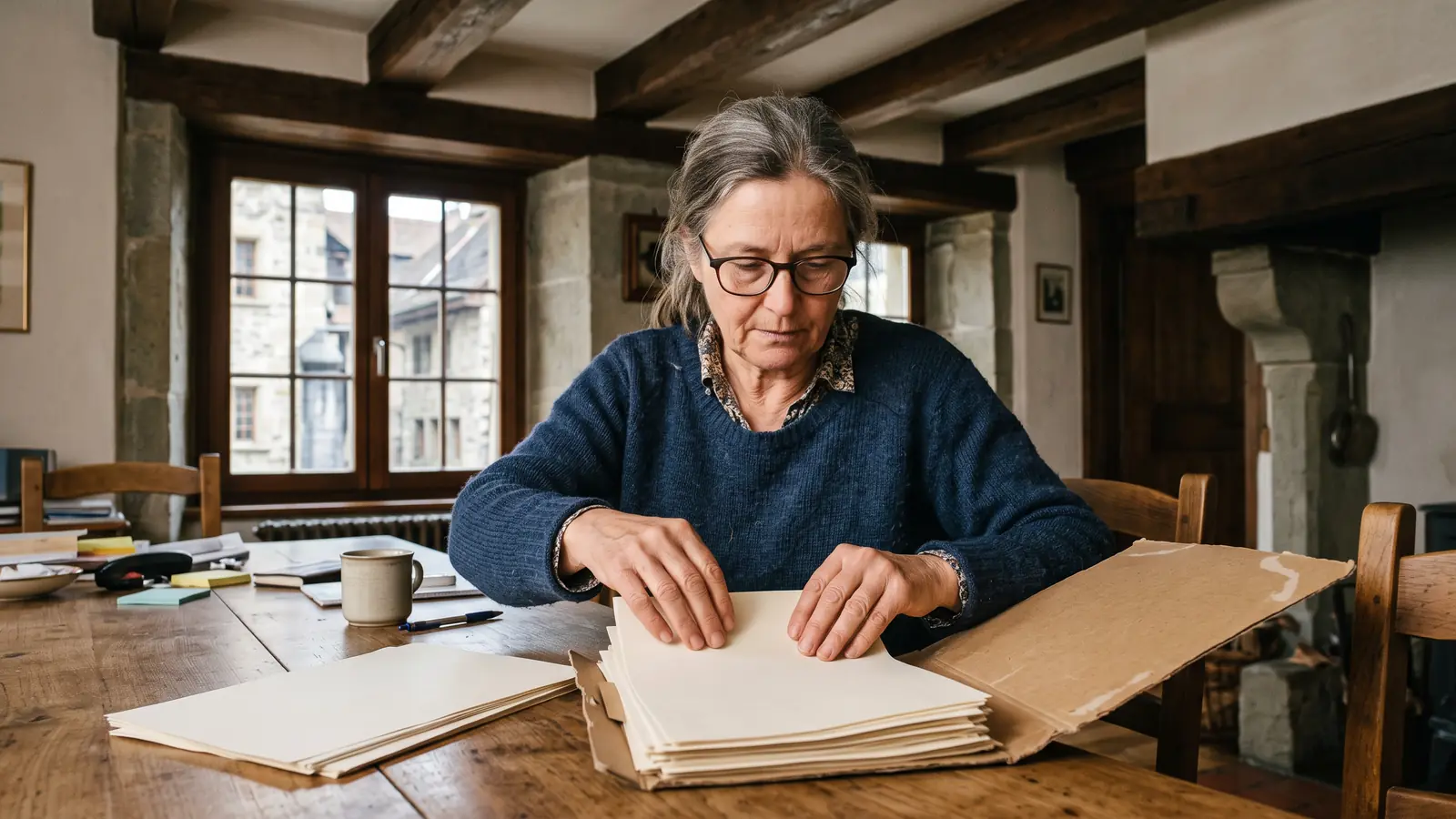 Une femme d'une soixantaine d'années, lunettes sur le nez, range des feuilles dans une chemise à la table de sa salle à manger.