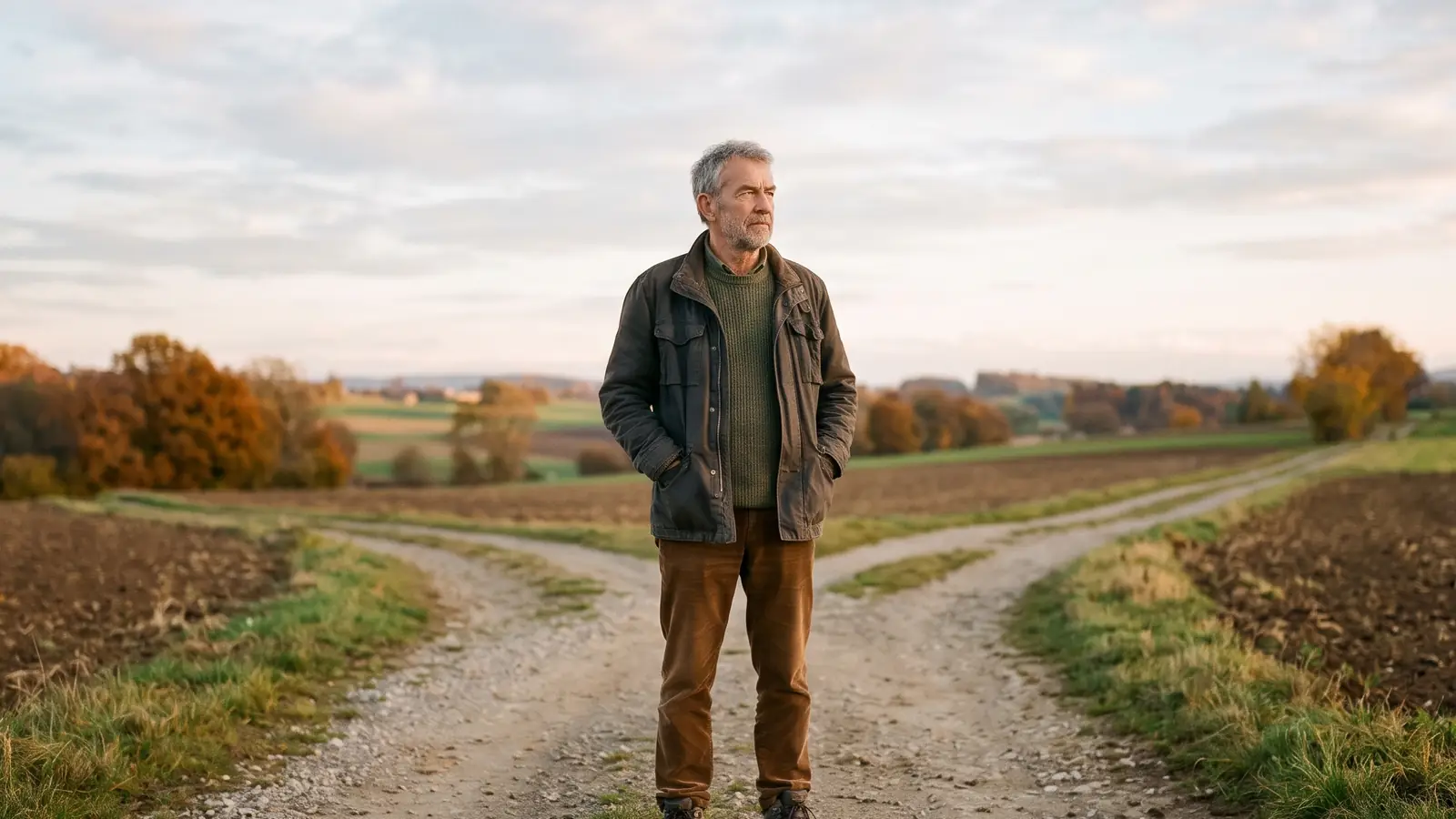 Un homme d'une soixantaine d'années se tient à une bifurcation d'un chemin de campagne entre des champs d'automne.